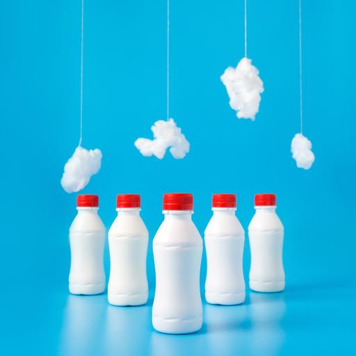 Fünf weiße Plastikflaschen mit rotem Deckel vor blauem Hintergrund. Im oberen Bildbereich hängen kleine Wolken aus Watte.