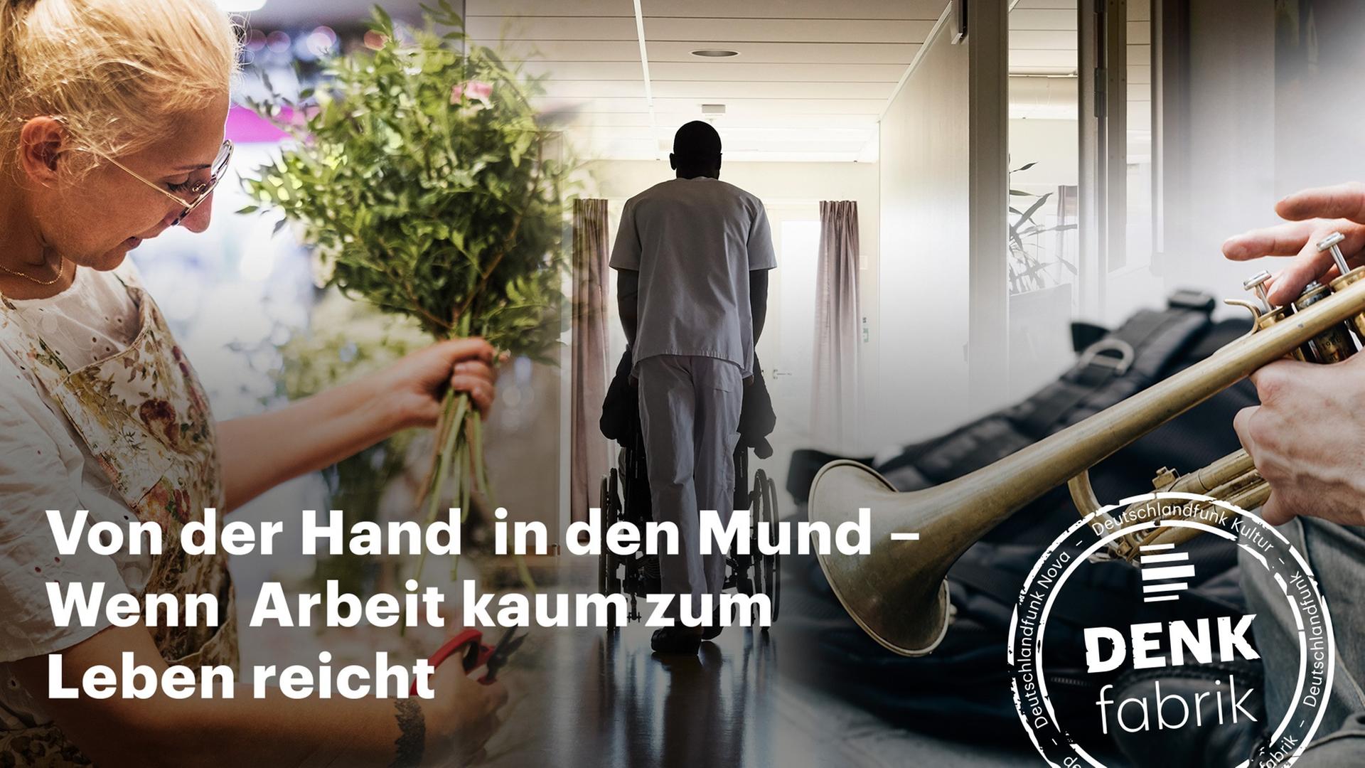 Eine Collage aus drei Bildern zeigt Menschen in Ausübung ihrer Berufe: eine Floristin, ein Krankenpfleger und ein Musiker Eine Collage aus drei Bildern zeigt Menschen in Ausübung ihrer Berufe: eine Floristin, ein Krankenpfleger und ein Musiker