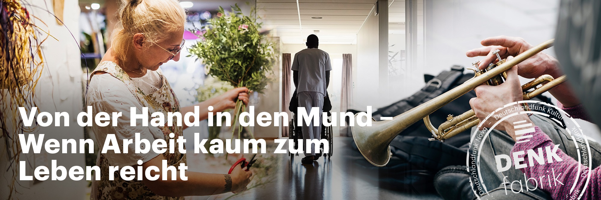 Eine Collage aus drei Bildern zeigt Menschen in Ausübung ihrer Berufe: eine Floristin, ein Krankenpfleger und ein Musiker