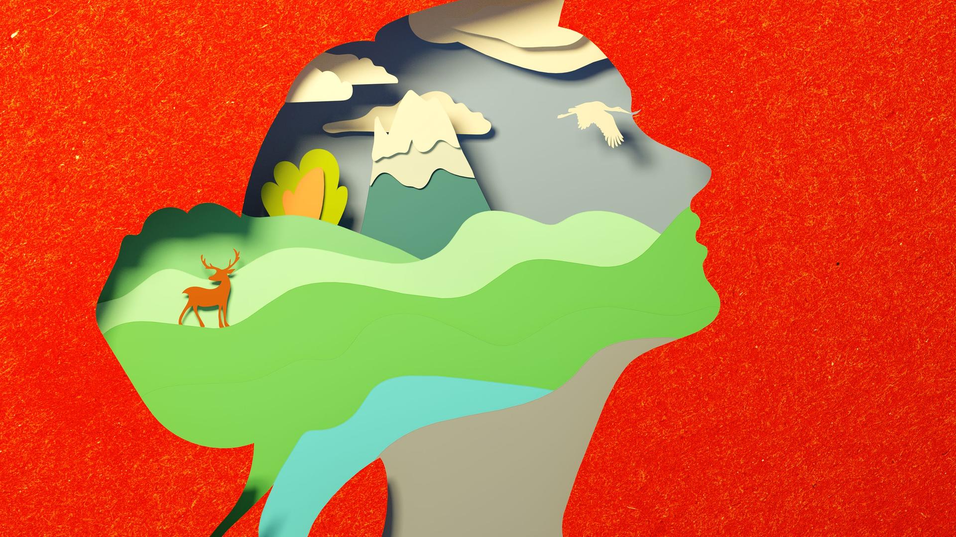 Farbiger Scherenschnitt vom Profil einer Frau, in deren Kopf eine Landschaft mit Bergen, Vogel und einem Reh zu sehen ist.