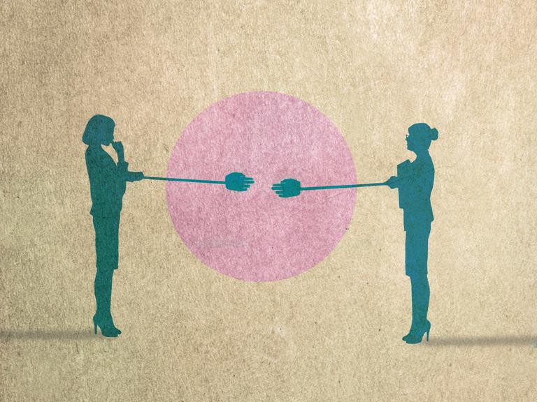 Illustration zweier Personen, die sich statt ihrer Hände Stöcke mit Händen entgegenstrecken. Die Personen sind dunkel, schattig, vor braun-beigem Hintergrund. Die Hände treffen sich vor einem rosa Kreis.