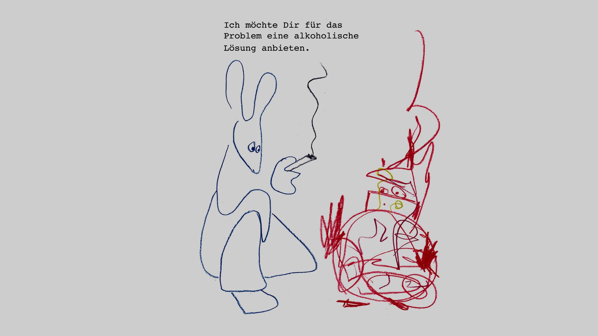 Karikatur „Die Sweeten“-Motiv „Alkoholische Lösung" . Darauf zu sehen ist eine Zeichung, die einen Hasenartiges Wesen mit einer Zigarette zeigt und ein weiteres kleines gezeichnetes Männlein. Darüber steht "ich möchte Dir für das Problem ein alkoholische Lösung anbieten." Karikatur „Die Sweeten“-Motiv „Alkoholische Lösung" . Darauf zu sehen ist eine Zeichung, die einen Hasenartiges Wesen mit einer Zigarette zeigt und ein weiteres kleines gezeichnetes Männlein. Darüber steht "ich möchte Dir für das Problem ein alkoholische Lösung anbieten."