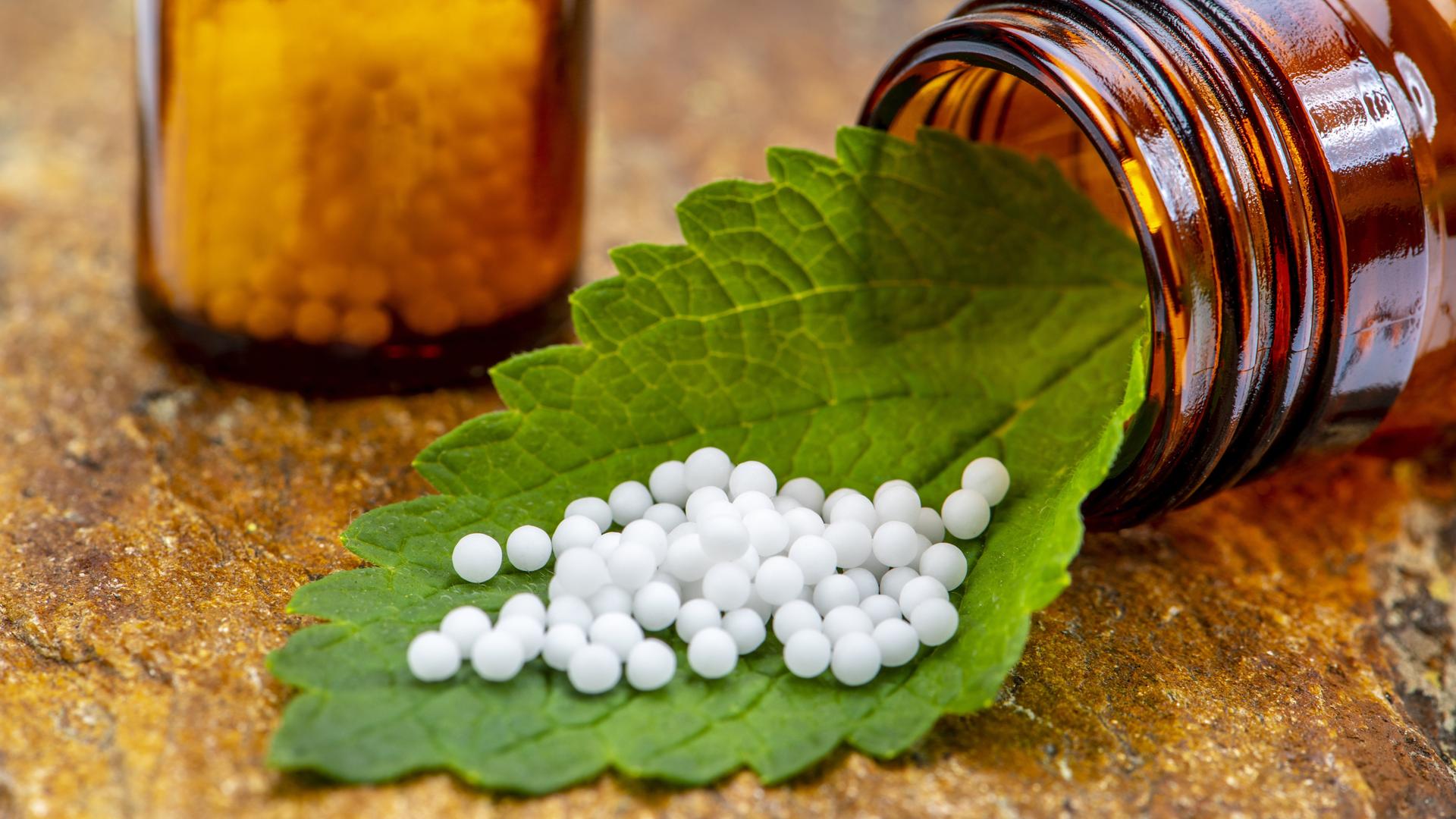 Kleine Kügelchen, auch Globuli genannt, vor einem Arzneifläschchen. Sie liegen auf einem Kräuterblatt. Globuli zählen zur homöopathischen Medizin. Ihre Wirkung ist umstritten. Kleine Kügelchen, auch Globuli genannt, vor einem Arzneifläschchen. Sie liegen auf einem Kräuterblatt. Globuli zählen zur homöopathischen Medizin. Ihre Wirkung ist umstritten.