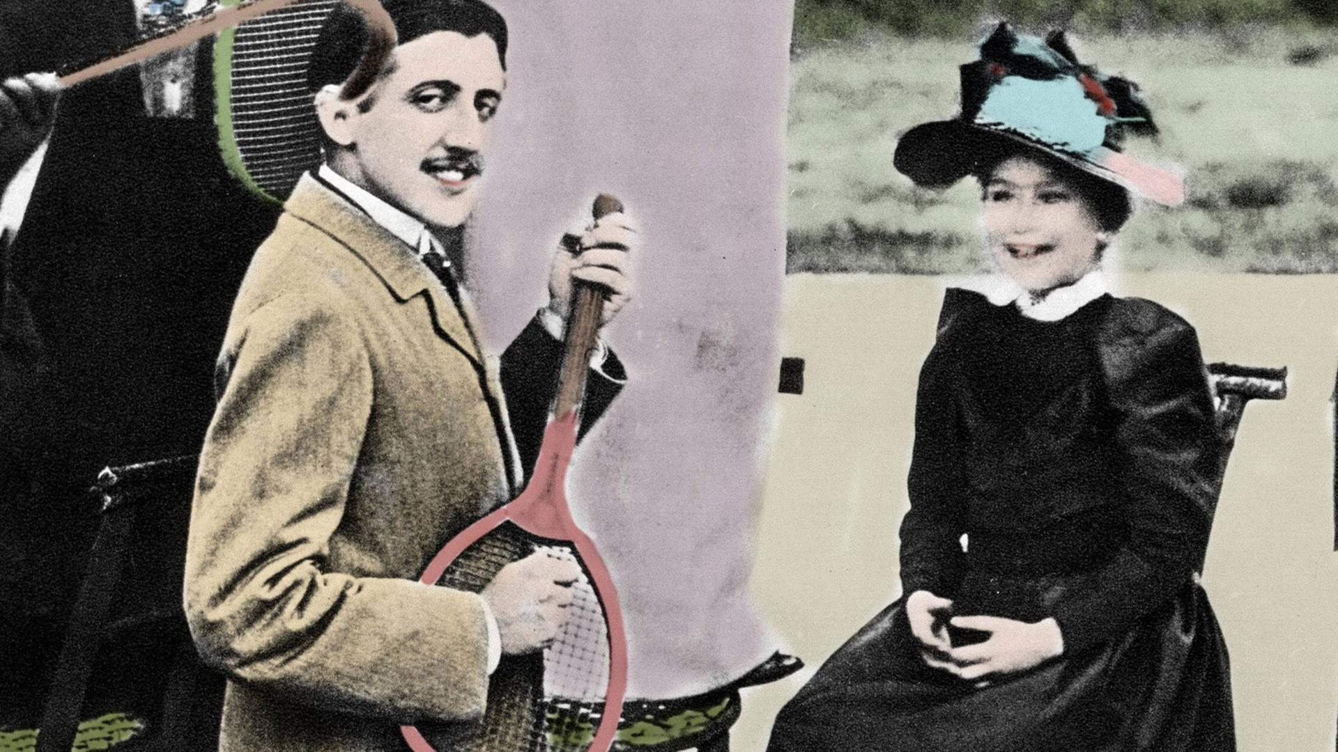 Marcel Proust, französischer Schriftsteller, spielt auf einem Tennisschläger Gitarre (Tennisplatz Boulevard Bineau in Paris, 1892). Marcel Proust, französischer Schriftsteller, spielt auf einem Tennisschläger Gitarre (Tennisplatz Boulevard Bineau in Paris, 1892).
