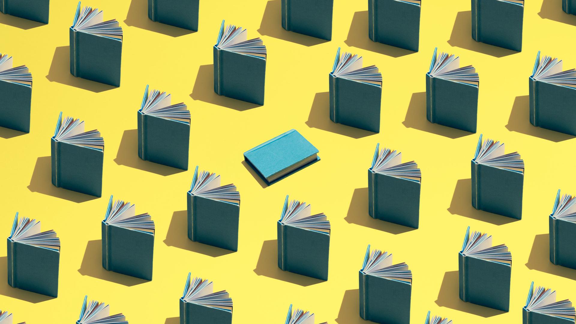 Visualisierung von mehreren aufgeschlagenen stehenden Büchern, die in einem Muster zueinandern angeordnet sind. In der Mitte liegt ein geschlossenes Buch. Visualisierung von mehreren aufgeschlagenen stehenden Büchern, die in einem Muster zueinandern angeordnet sind. In der Mitte liegt ein geschlossenes Buch.