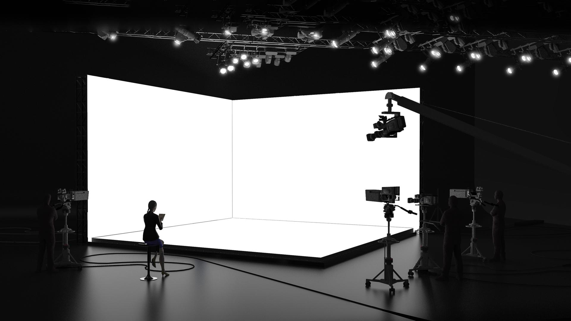Ein leeres Nachrichtenstudio mit Kameras und weißem Hintergrund. Ein leeres Nachrichtenstudio mit Kameras und weißem Hintergrund.