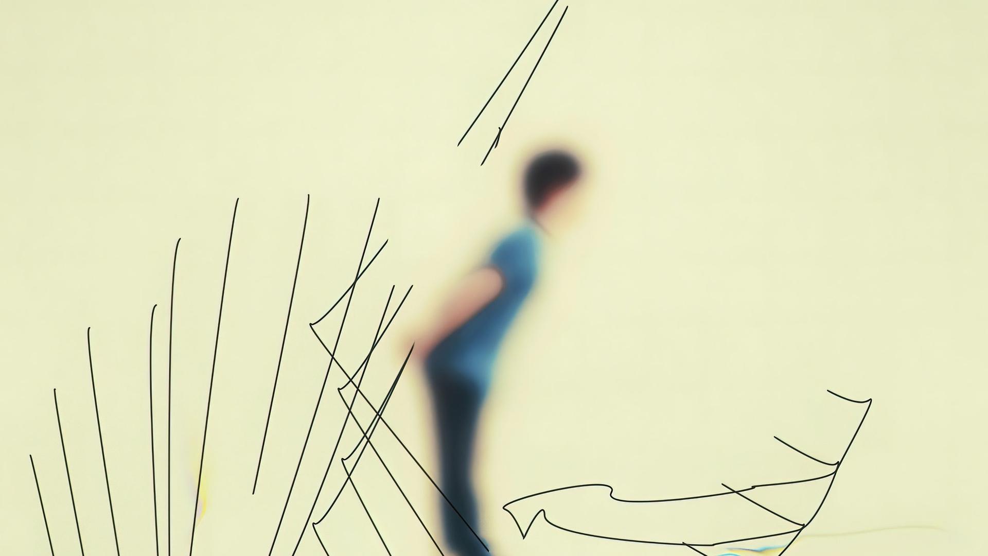 Illustration einer Person, verwaschen, nach vorn gebeugt. Dazu Linien und Skizzen. Illustration einer Person, verwaschen, nach vorn gebeugt. Dazu Linien und Skizzen.