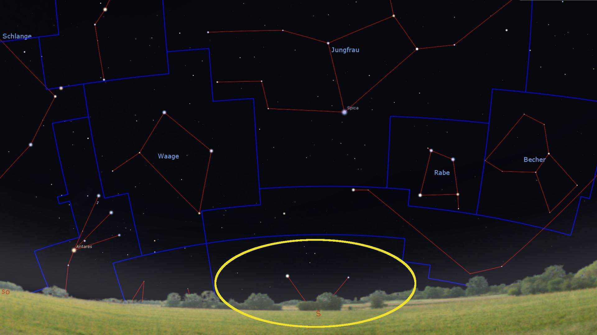 Gegen 23 Uhr zeigen sich knapp über dem Südhorizont (unterhalb von Waage, Jungfrau und Becher) die nördlichsten Sterne des Zentaur.