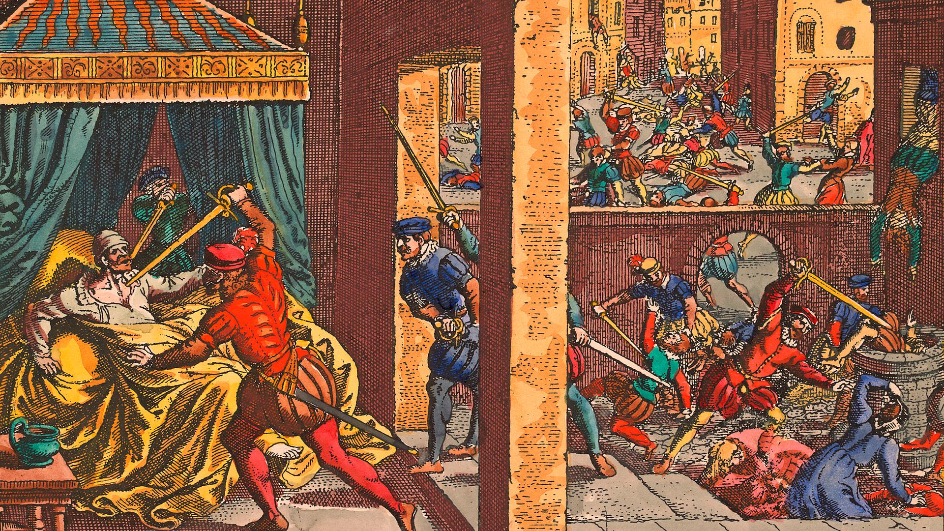 Die Bartholomäusnacht - Pogrom in Paris an den französischen Protestanten in der Nacht vom 23. zum 24. August 1572. Kupferstich von Matthäus Merian von 1630

