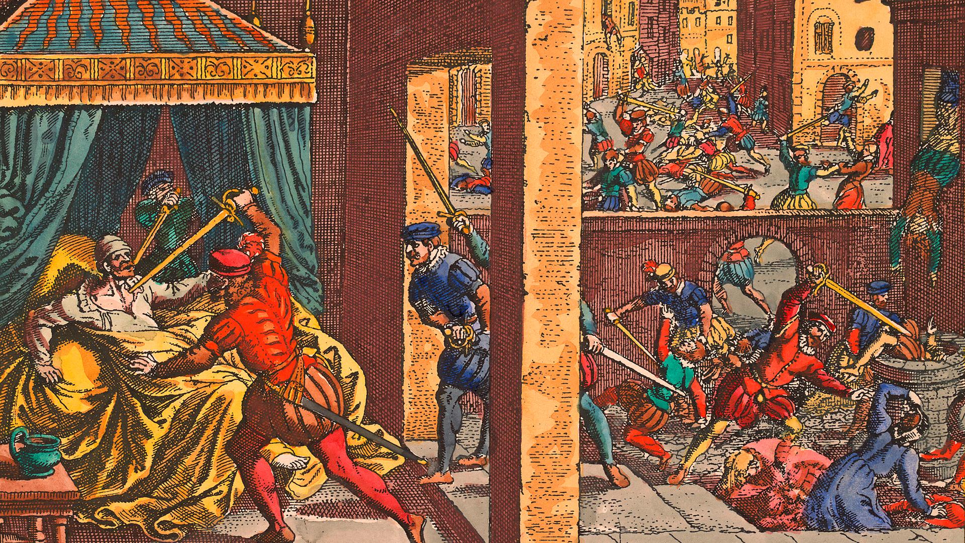 Die Bartholomäusnacht - Pogrom in Paris an den französischen Protestanten in der Nacht vom 23. zum 24. August 1572. Kupferstich von Matthäus Merian von 1630
Die Bartholomäusnacht - Pogrom in Paris an den französischen Protestanten in der Nacht vom 23. zum 24. August 1572. Kupferstich von Matthäus Merian von 1630