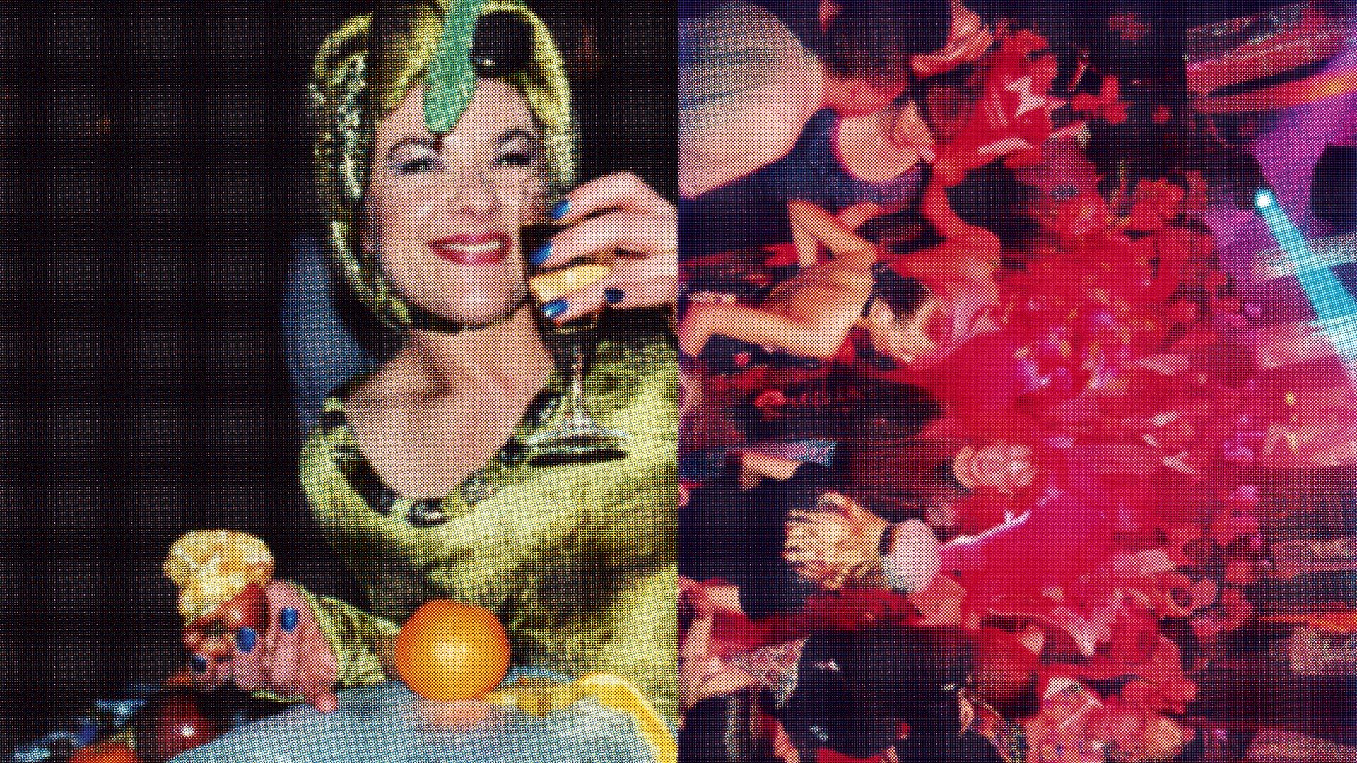 Eine Doppelseite aus dem Bildband "Tresor: True Stories" zeigt sehr farbenfroh eine Frau mit einem Drink in der Hand und daneben eine tanzende Menge. Eine Doppelseite aus dem Bildband "Tresor: True Stories" zeigt sehr farbenfroh eine Frau mit einem Drink in der Hand und daneben eine tanzende Menge.