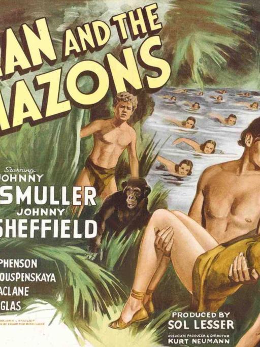 Ein Poster  aus dem Jahr 1945 bewirbt den Film "Tarzan und die Amazonen" mit Johnny Weissmüller