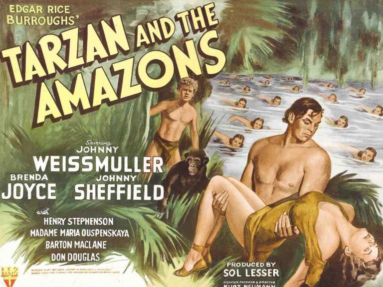 Ein Poster  aus dem Jahr 1945 bewirbt den Film "Tarzan und die Amazonen" mit Johnny Weissmüller