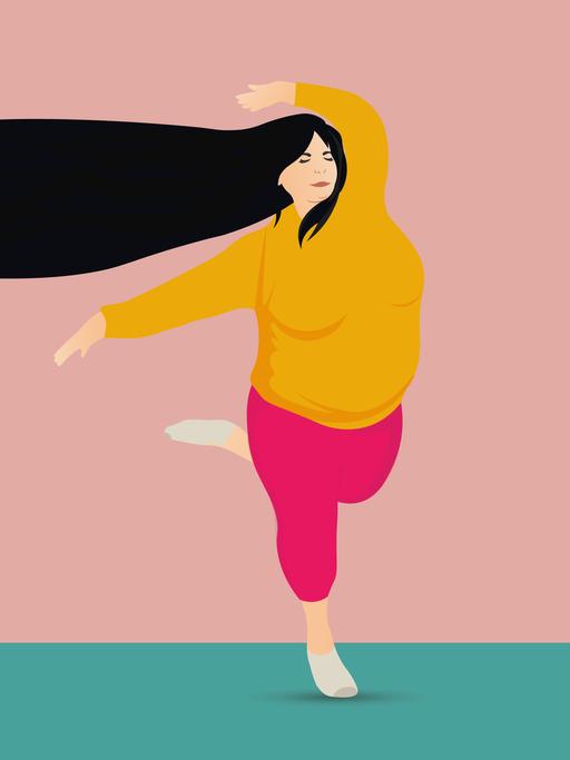 Illustration: Plus Size Frau mit langen Haaren tanzt.
