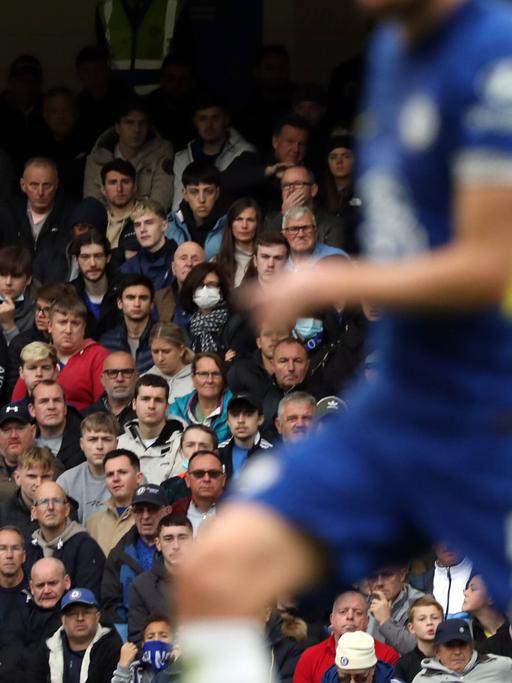 Fans vom FC Chelsea sitzen im Satdion während eines Spiels der Fußballmannschaft gegen Norwich City.