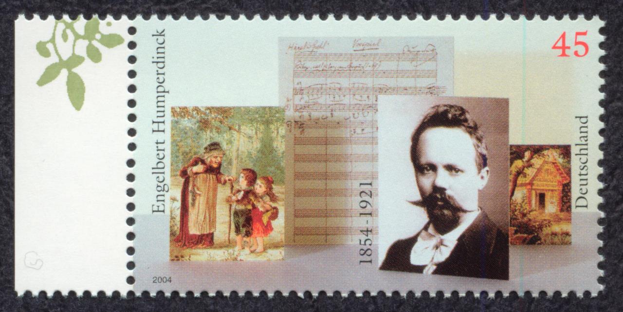 Sonderbriefmarke, die ein Porträt Humperdincks, ein Notenblatt und eine Zeichnung von Hänsel und Gretel zeigt. Sonderbriefmarke, die ein Porträt Humperdincks, ein Notenblatt und eine Zeichnung von Hänsel und Gretel zeigt.