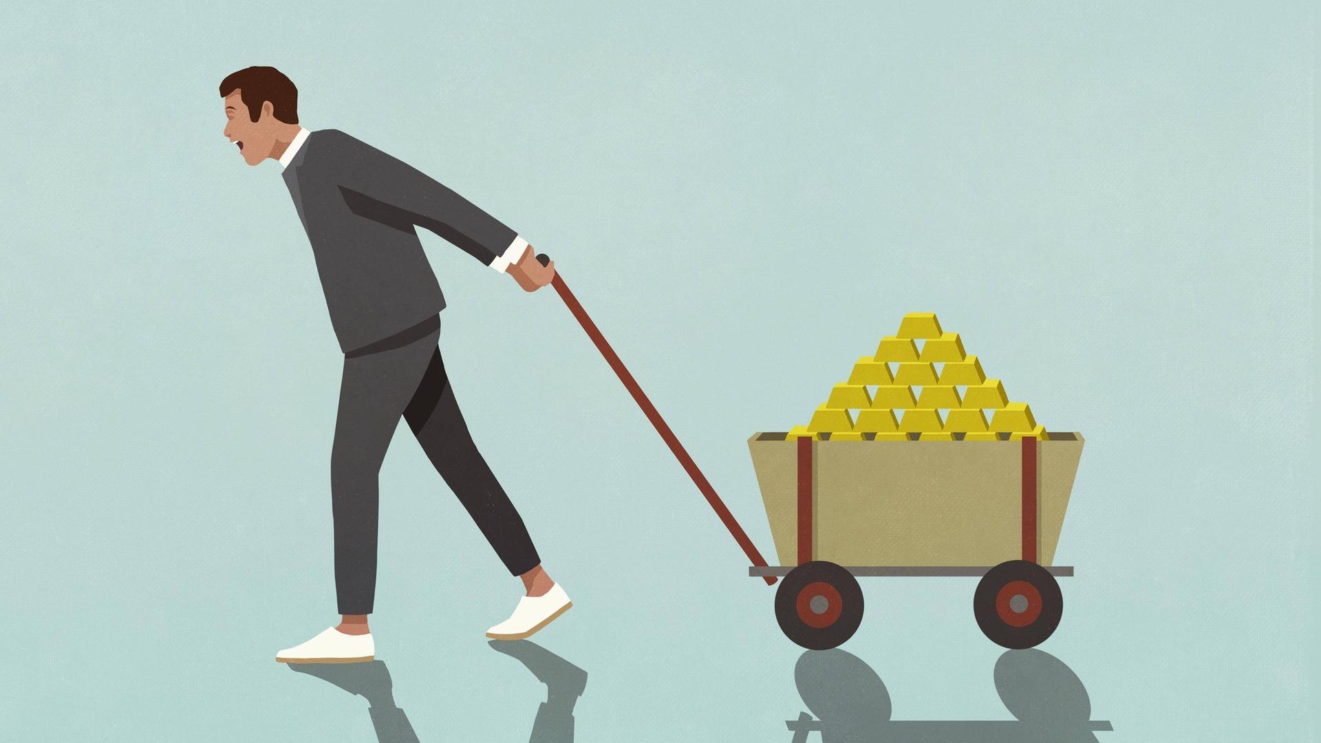 Illustration eines Mannes, der einen Wagen voller Goldbarren hinter sich her zieht Illustration eines Mannes, der einen Wagen voller Goldbarren hinter sich her zieht