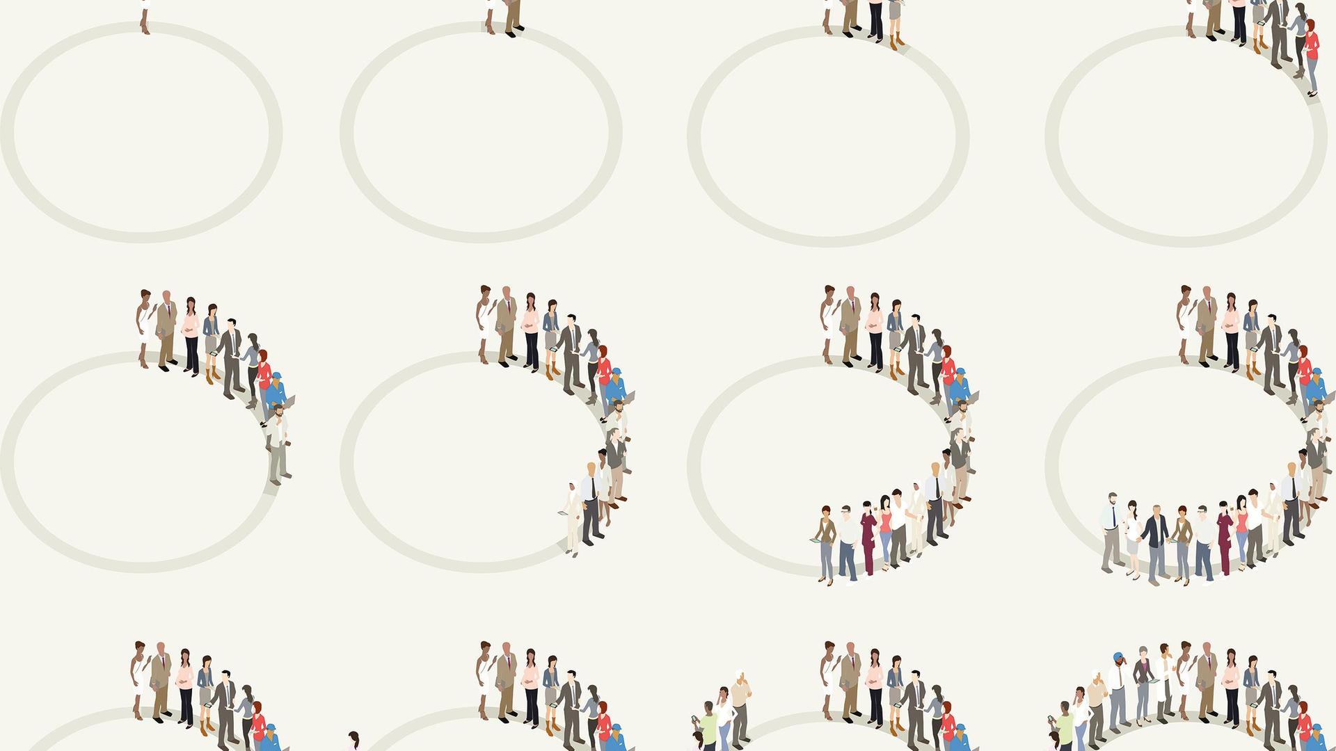 Illustration von prozentualen Diagrammen (Donut- oder Tortendiagramme), die aus abgebildeten Personen bestehen, die auf ringförmigen Flächen stehen. Illustration von prozentualen Diagrammen (Donut- oder Tortendiagramme), die aus abgebildeten Personen bestehen, die auf ringförmigen Flächen stehen.