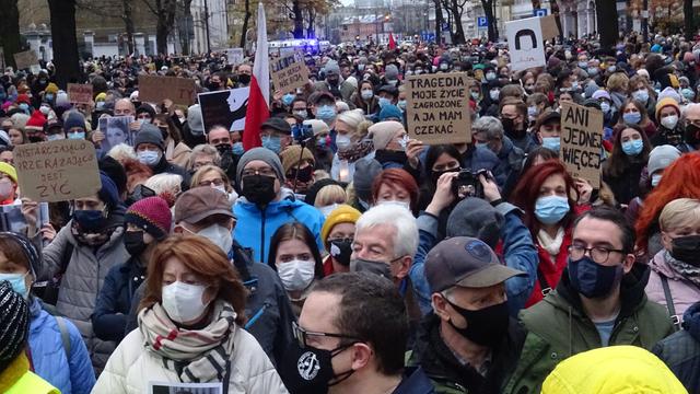 Tausende Menschen mit Plakaten auf einer Straße, dicht gedrängt, mit Masken.