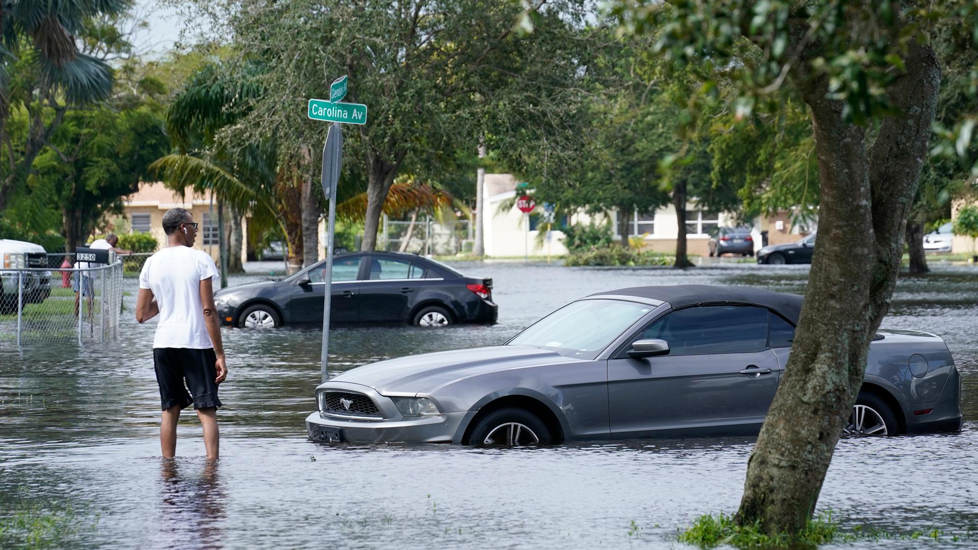 Autos und Menschen in Florida stehen nach einer Überflutung im Wasser. Autos und Menschen in Florida stehen nach einer Überflutung im Wasser.