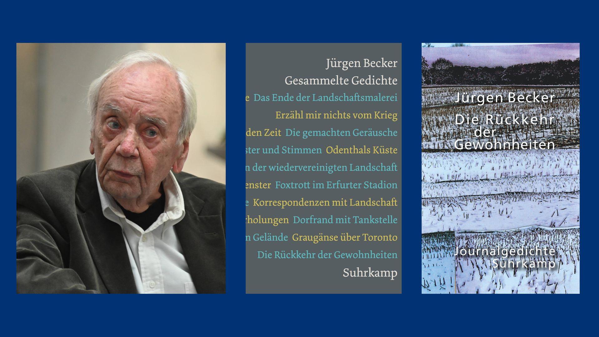 Jürgen Becker: "Die Rückkehr der Gewohnheiten. Journalgedichte" und "Gesammelte Gedichte. 1971-2022"
Zu sehen sind der Autor und die beiden Buchcover Jürgen Becker: "Die Rückkehr der Gewohnheiten. Journalgedichte" und "Gesammelte Gedichte. 1971-2022"
Zu sehen sind der Autor und die beiden Buchcover