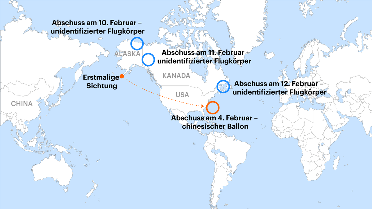 Karte zeigt Abschussstellen der unidentifizierten Flugkörper über den USA, erstmalige Sichtung und Abschussstelle des chinesischen Ballons