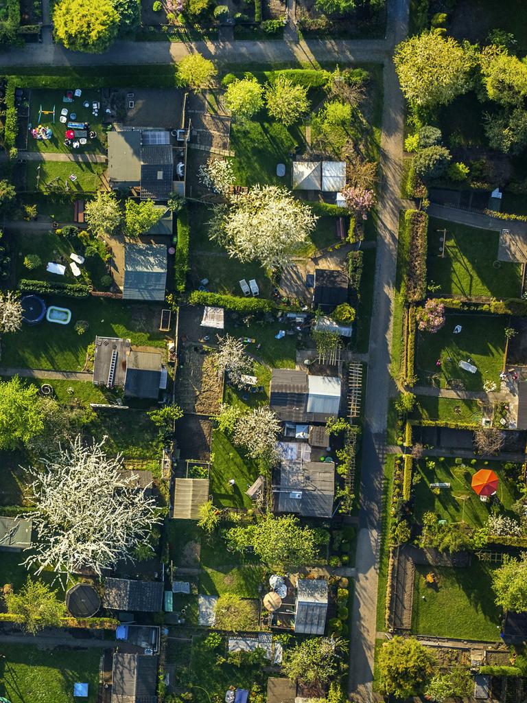 Parzellen einer Kleingartenanlage in einer Luftaufnahme.