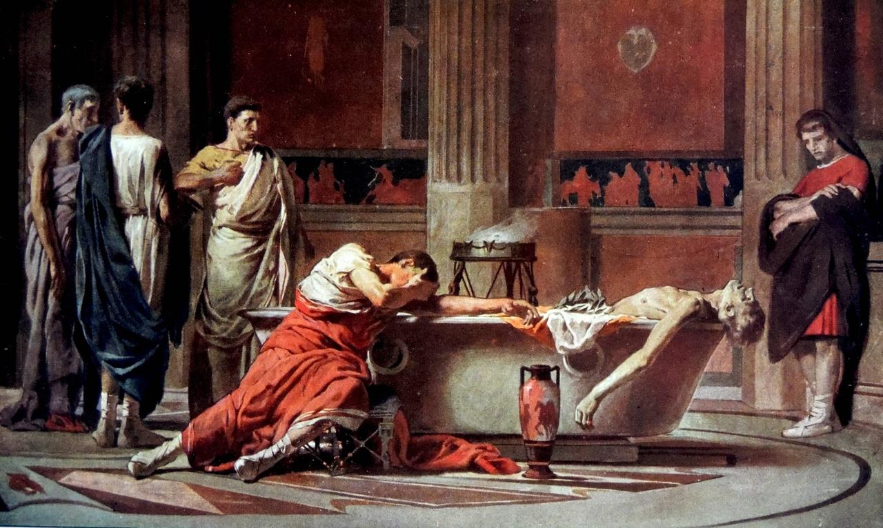 Das Ölgemälde Der Tod des Seneca des spanischen Malers Manuel Dominguez Sanchez von 1871. In Togen gewandete Männer stehen um eine Badewanne versammelt, in der der Philosoph sich auf Neros Anweisung hin das Leben genommen hat. Das Ölgemälde Der Tod des Seneca des spanischen Malers Manuel Dominguez Sanchez von 1871. In Togen gewandete Männer stehen um eine Badewanne versammelt, in der der Philosoph sich auf Neros Anweisung hin das Leben genommen hat.