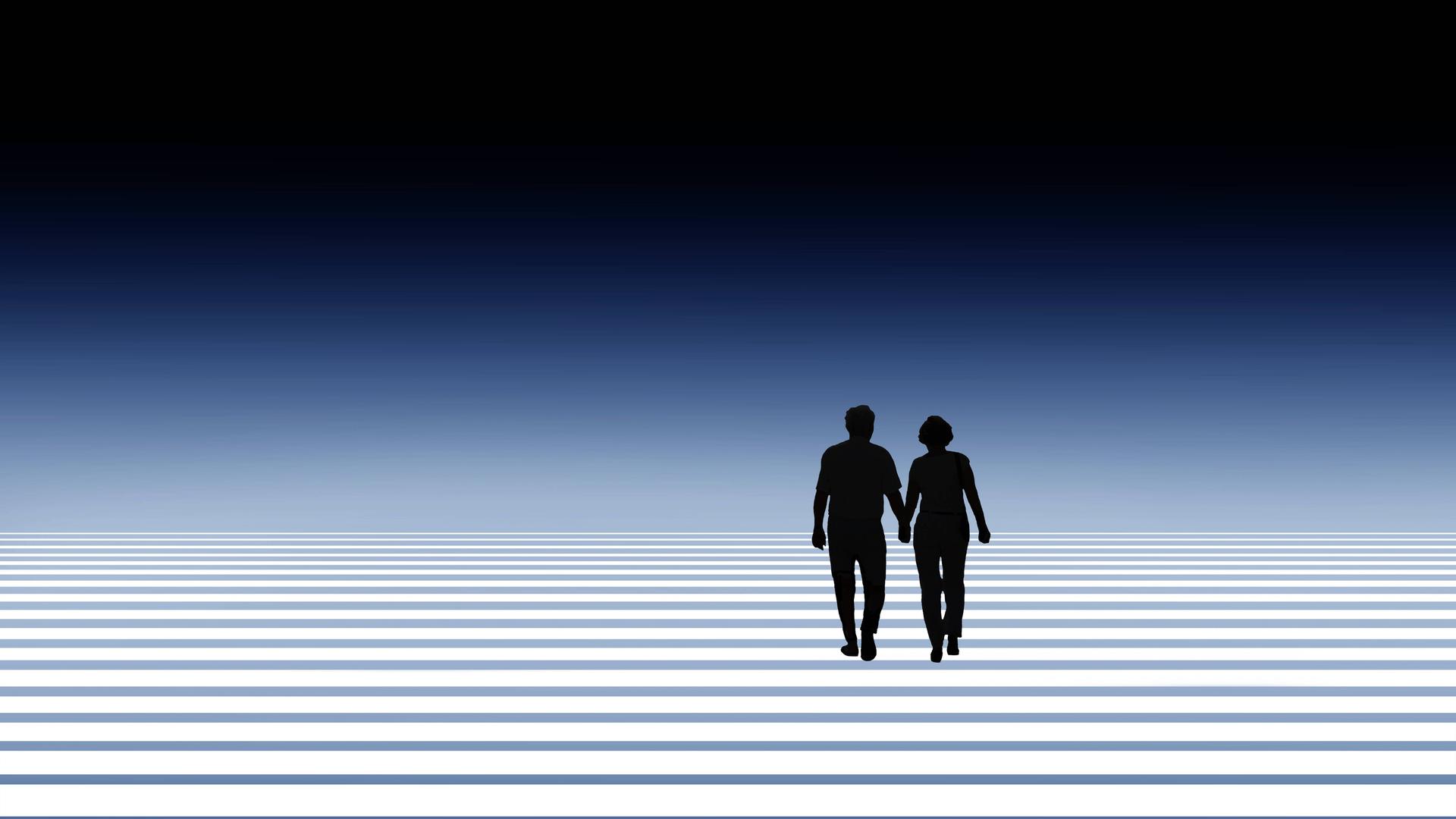 Die Illustration zeigt von hinten die Silhouette eines Paares, das Hand in Hand Stufen hochgeht. Die Illustration zeigt von hinten die Silhouette eines Paares, das Hand in Hand Stufen hochgeht.