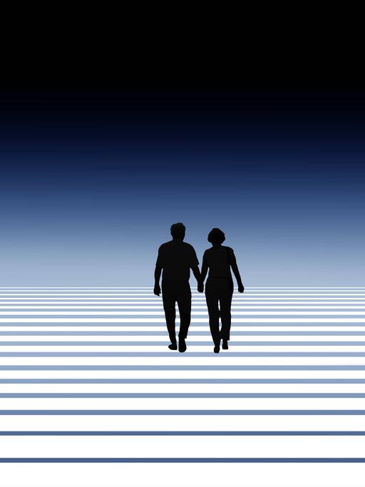 Die Illustration zeigt von hinten die Silhouette eines Paares, das Hand in Hand Stufen hochgeht.
