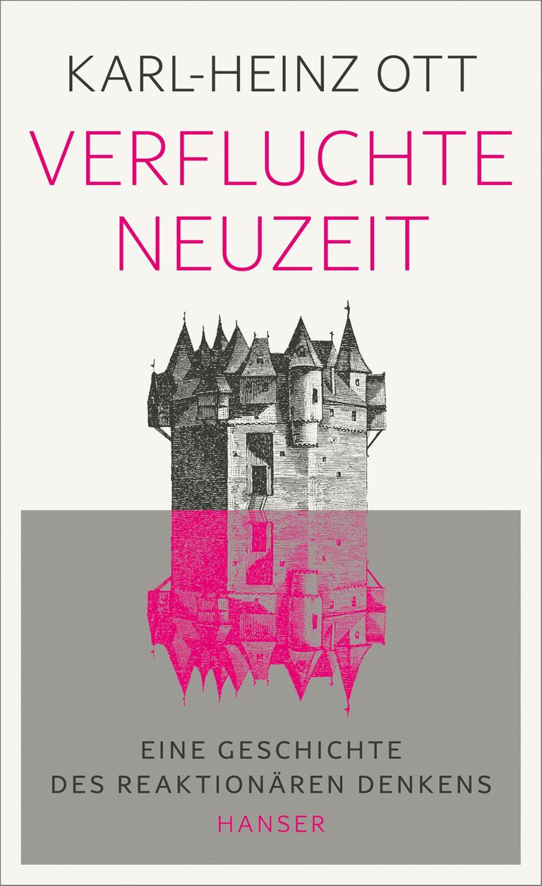 Das Cover des Buches von Karl-Heinz Ott, "Verfluchte Neuzeit Eine Geschichte des reaktionären Denkens" auf orange-weißem Grund. Der Name des Autors steht oben in schwarzer Schrift, darunter in Pink der Titel. Die Zeichnung einer turmreichen, isolierten Burg steht darunter, die Spiegelung ist in Pink. Das Buch findet sich auf der Sachbuchbestenliste von Deutschlandfunk Kultur, ZDF und "Zeit" Das Cover des Buches von Karl-Heinz Ott, "Verfluchte Neuzeit Eine Geschichte des reaktionären Denkens" auf orange-weißem Grund. Der Name des Autors steht oben in schwarzer Schrift, darunter in Pink der Titel. Die Zeichnung einer turmreichen, isolierten Burg steht darunter, die Spiegelung ist in Pink. Das Buch findet sich auf der Sachbuchbestenliste von Deutschlandfunk Kultur, ZDF und "Zeit"