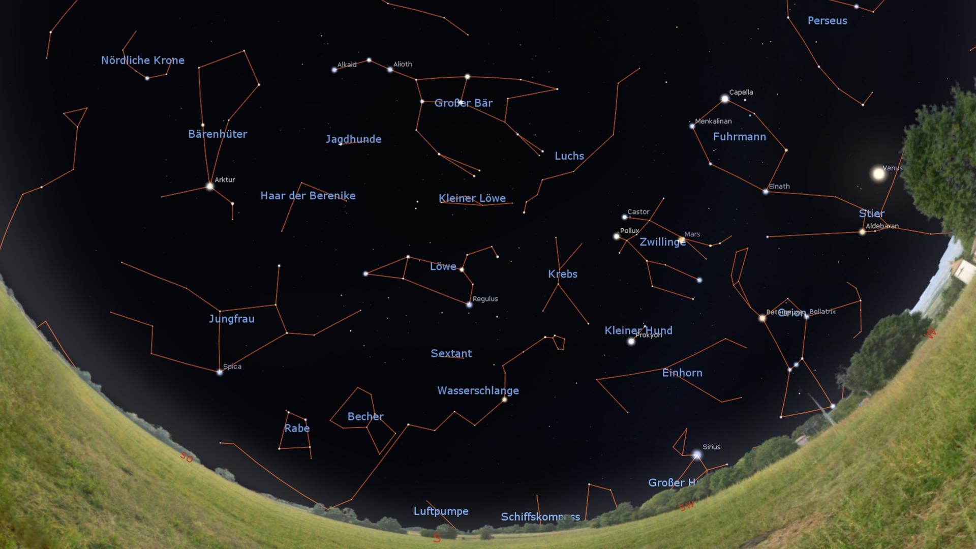 Der Anblick des südlichen Sternenhimmels am 31. März 2023 gegen 23 Uhr, am 15. April um 22 Uhr  (die Position der Planeten Venus und Mars gilt exakt für dieses Datum) und zu Monatsende gegen 21 Uhr MESZ.