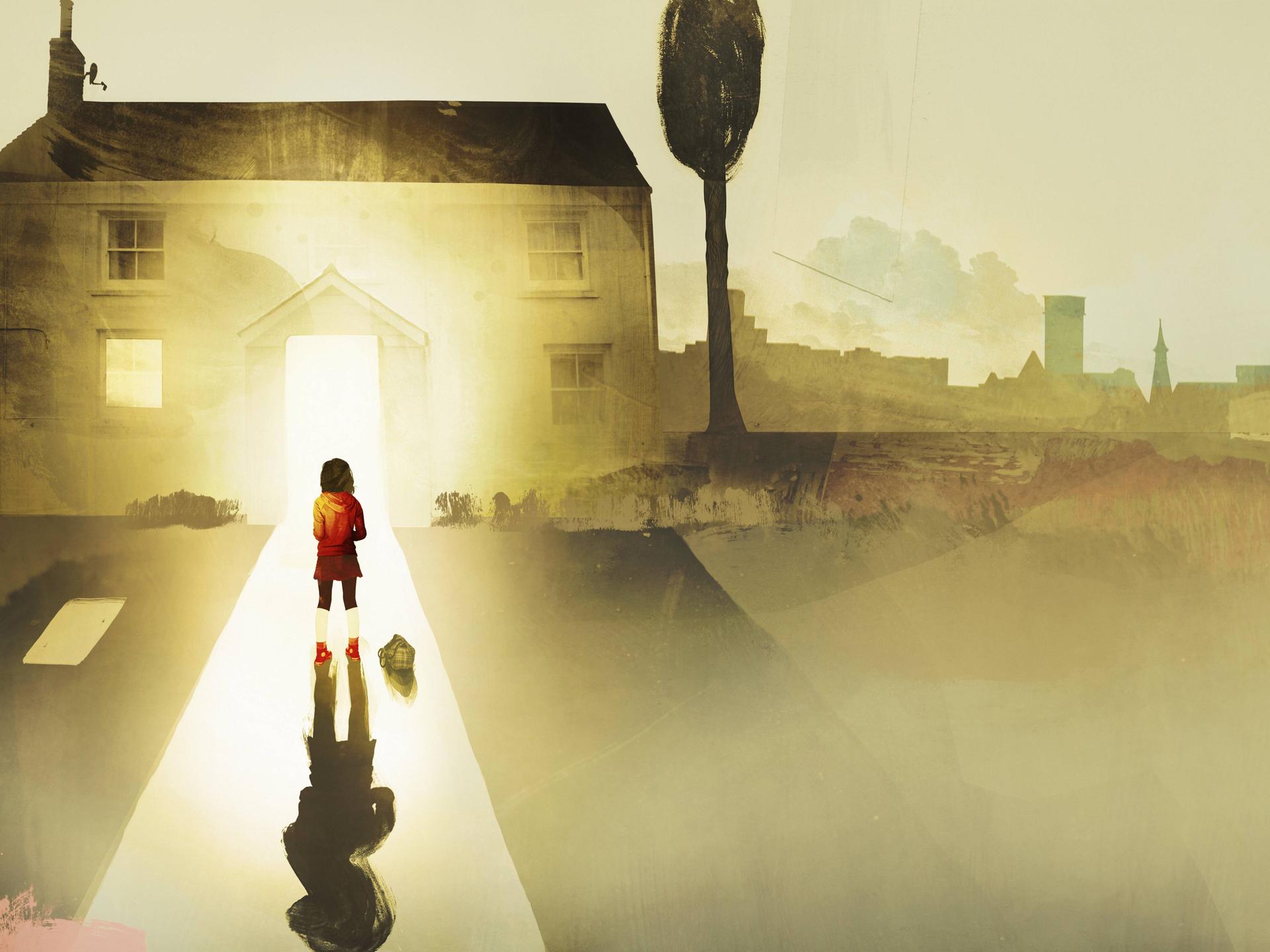 Illustration von einem kleinen Mädchen, das allein auf einem Weg vor beleuchtetem Haus steht.