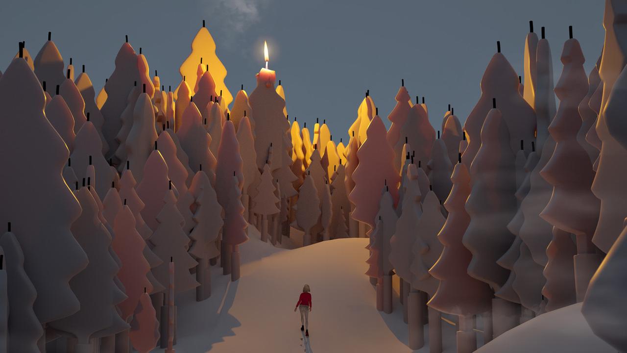 Ein märchenhafter Wald, die Tannenbäume sind riesige Kerzen und ein kleiner Mensch stapft durch den Schnee. Ein märchenhafter Wald, die Tannenbäume sind riesige Kerzen und ein kleiner Mensch stapft durch den Schnee.
