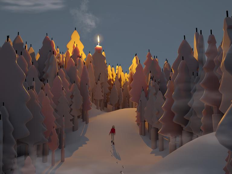 Ein märchenhafter Wald, die Tannenbäume sind riesige Kerzen und ein kleiner Mensch stapft durch den Schnee.