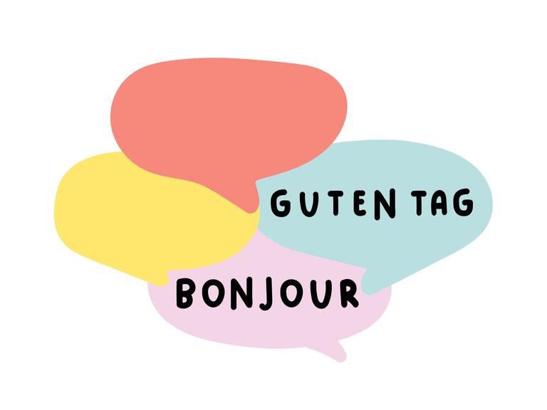 In der Illustration sind Sprechblasen mit den Worten "Bonjour" und "Guten Tag" zu sehen.