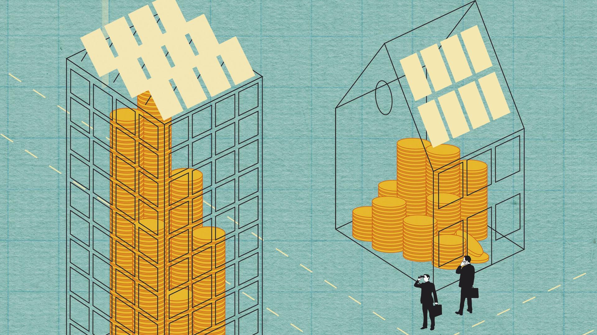 Zwei Männer stehen vor zwei Häusern mit Solaranlage auf den Dächern. Die Häuser sind gefüllt mit Geld. Zwei Männer stehen vor zwei Häusern mit Solaranlage auf den Dächern. Die Häuser sind gefüllt mit Geld.