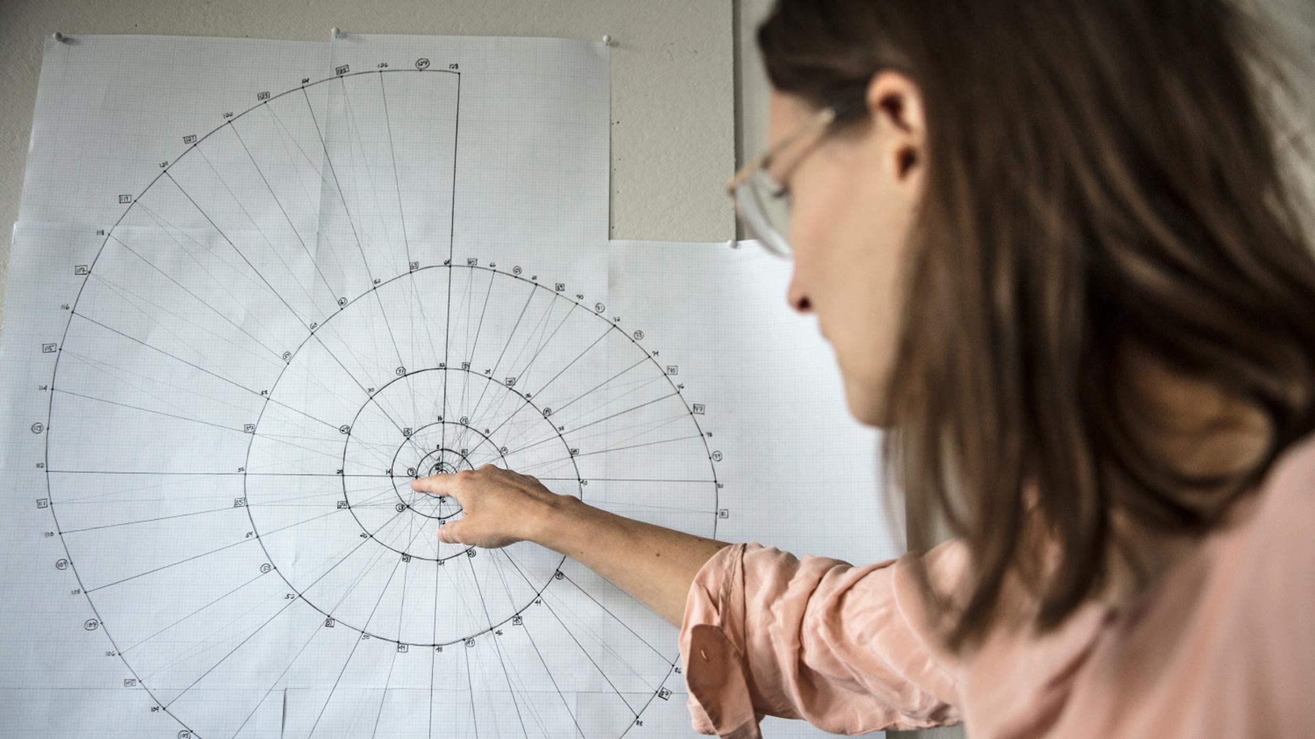Catherine Lamb weist mit dem Zeigefinger auf eine spiralförmige Grafik. Catherine Lamb weist mit dem Zeigefinger auf eine spiralförmige Grafik.