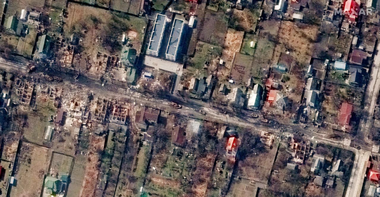 Satellitenbild der ukrainischen Stadt Butscha, die durch russische Bomben beschädigt wurde. Satellitenbild der ukrainischen Stadt Butscha, die durch russische Bomben beschädigt wurde.
