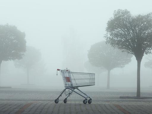 Ein leerer Einkaufswagen steht einsam auf einem nebligen Parkplatz.
