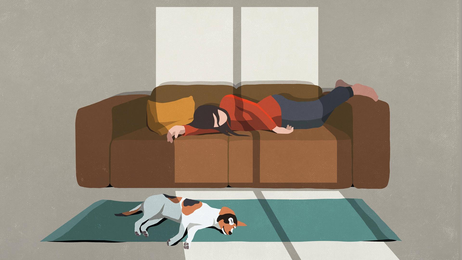 Illustration: Eine Frau liegt auf einem Sofa und schläft, davor liegt ein Hund und schläft. Illustration: Eine Frau liegt auf einem Sofa und schläft, davor liegt ein Hund und schläft.