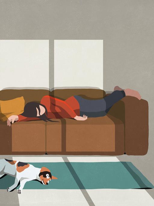 Illustration: Eine Frau liegt auf einem Sofa und schläft, davor liegt ein Hund und schläft.