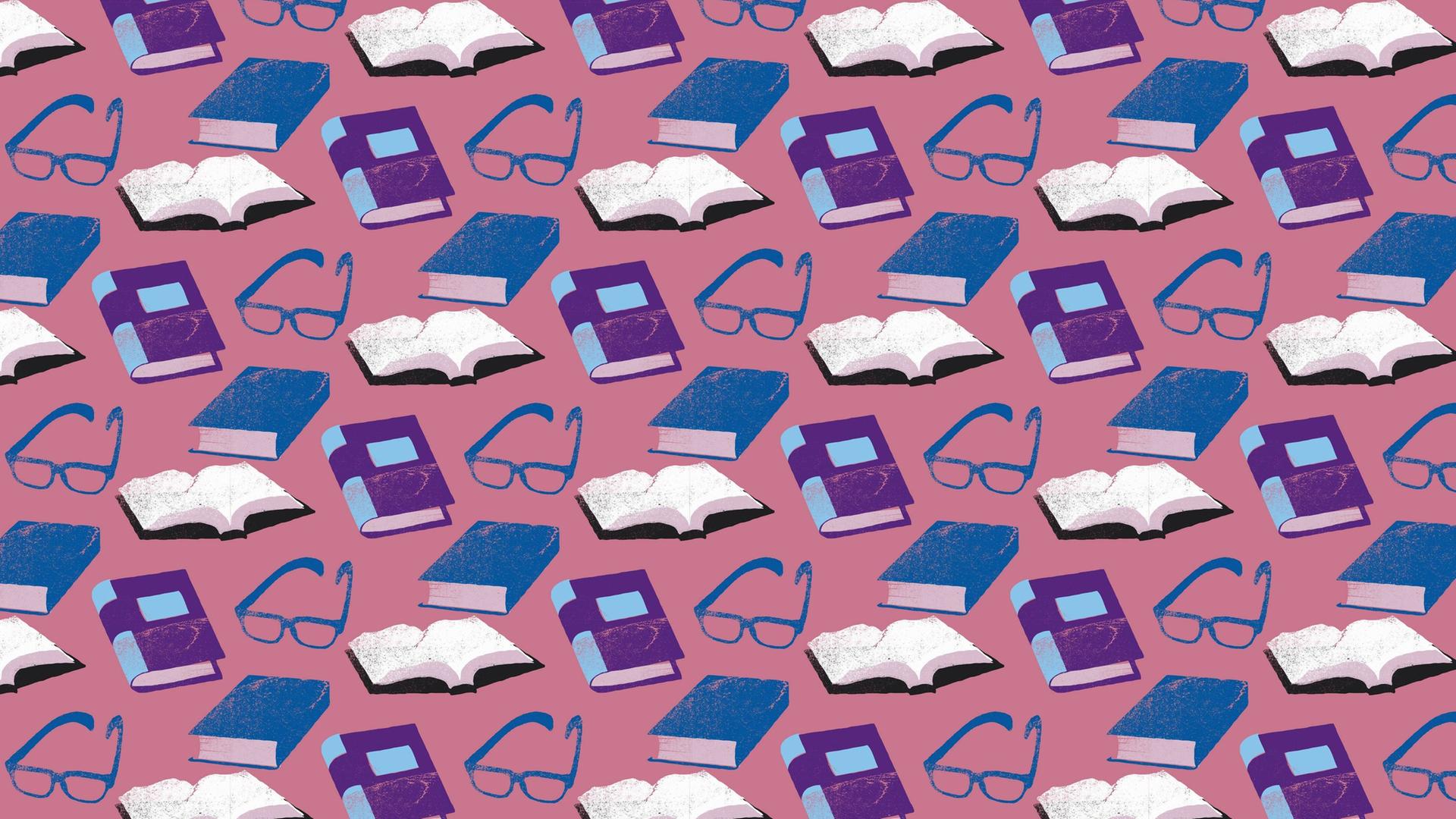 Illustration: Muster aus auf- und zugeschlagenen Büchern und Brillen auf altrosa Hintergrund.