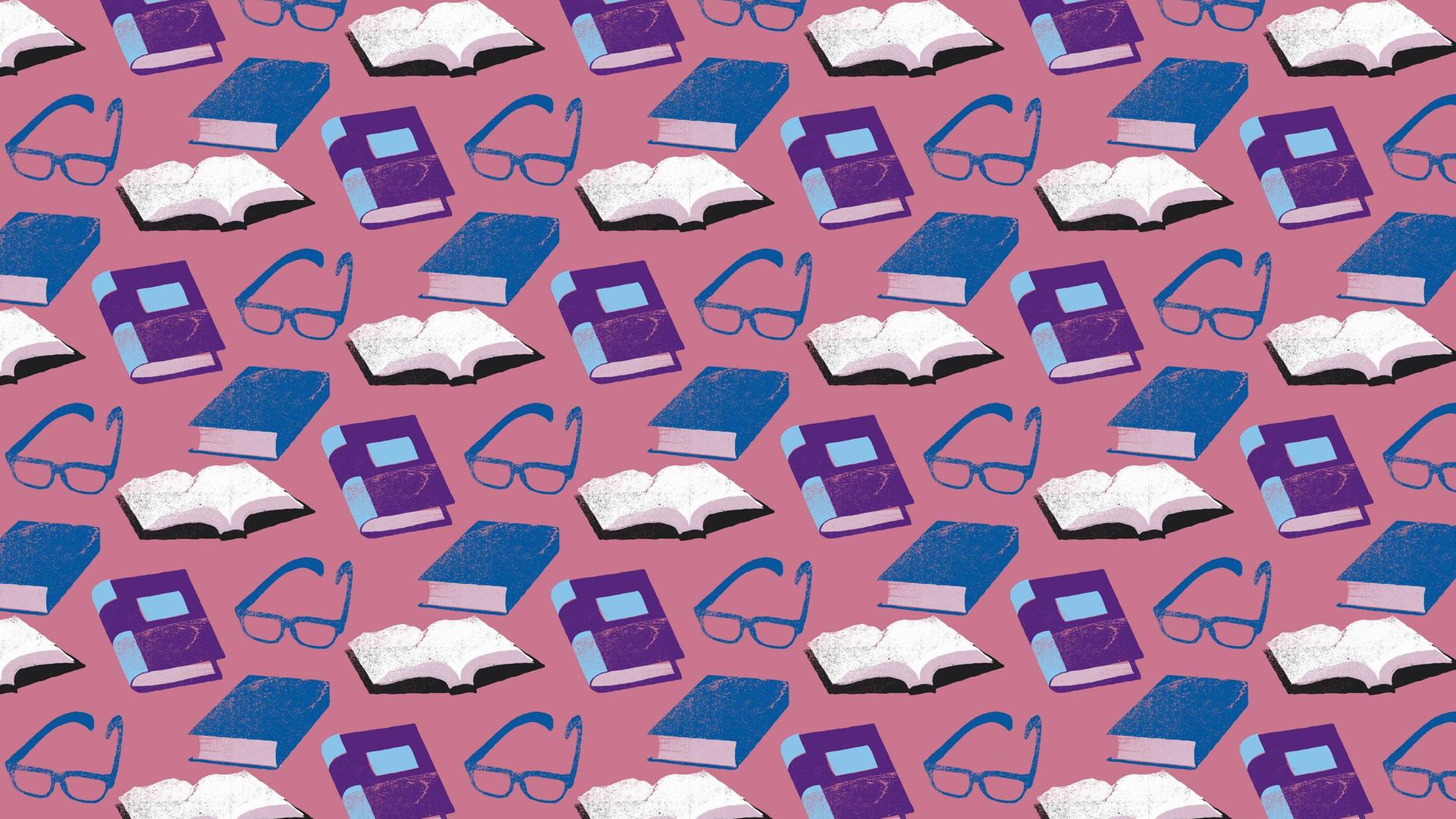 Illustration: Muster aus auf- und zugeschlagenen Büchern und Brillen auf altrosa Hintergrund. Illustration: Muster aus auf- und zugeschlagenen Büchern und Brillen auf altrosa Hintergrund.