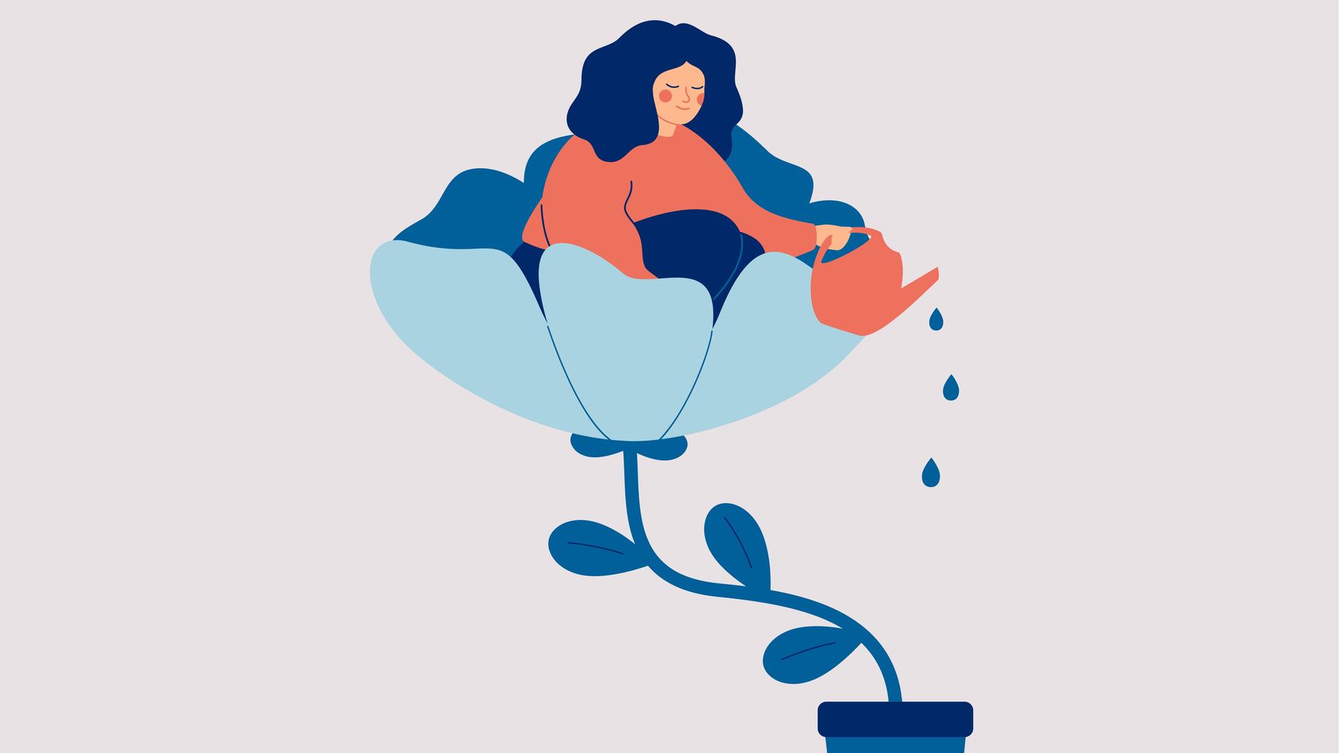 Illustration einer Frau, die in einer großen Blüte sitzt und den Blumentopf darunter gießt. Illustration einer Frau, die in einer großen Blüte sitzt und den Blumentopf darunter gießt.