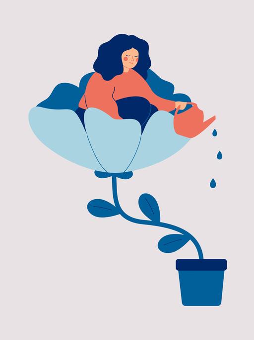 Illustration einer Frau, die in einer großen Blüte sitzt und den Blumentopf darunter gießt.