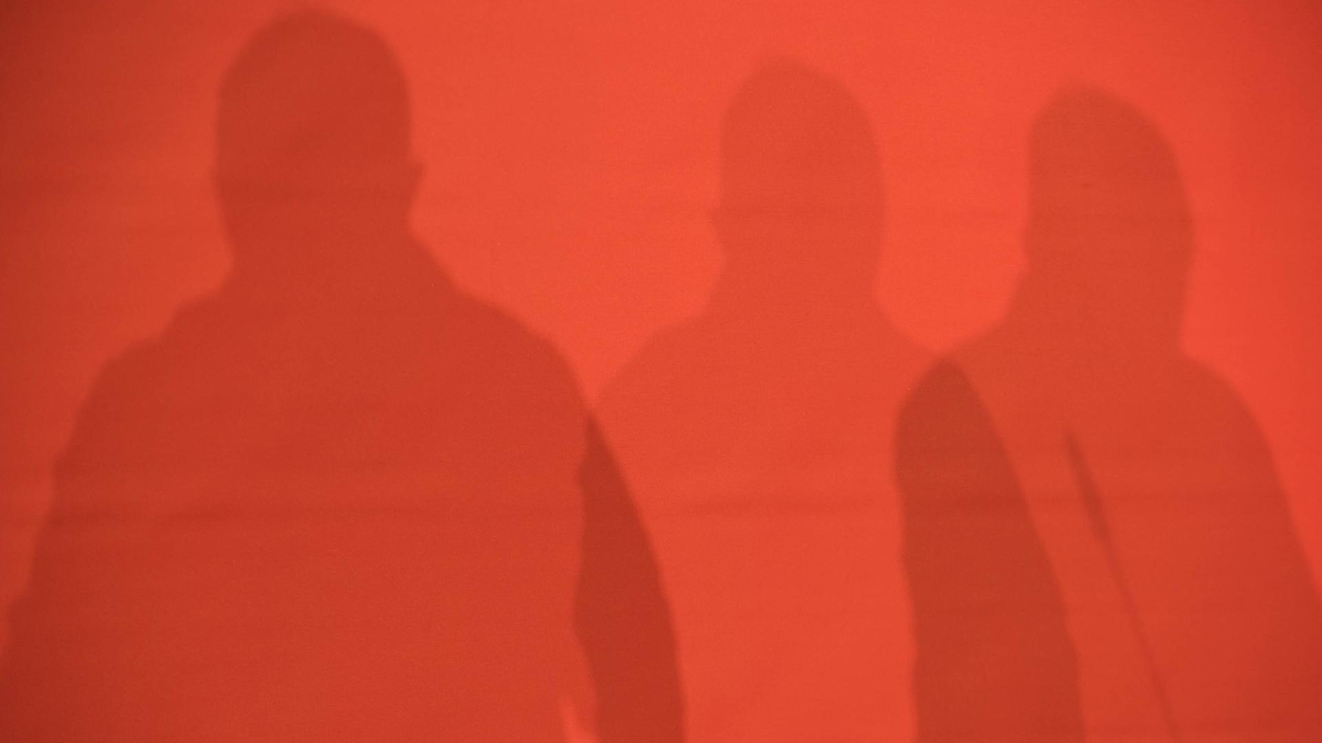 Schatten von drei Personen auf einer roten Wand. Landesparteitag der Partei Die Linke in Berlin. Schatten von drei Personen auf einer roten Wand. Landesparteitag der Partei Die Linke in Berlin.
