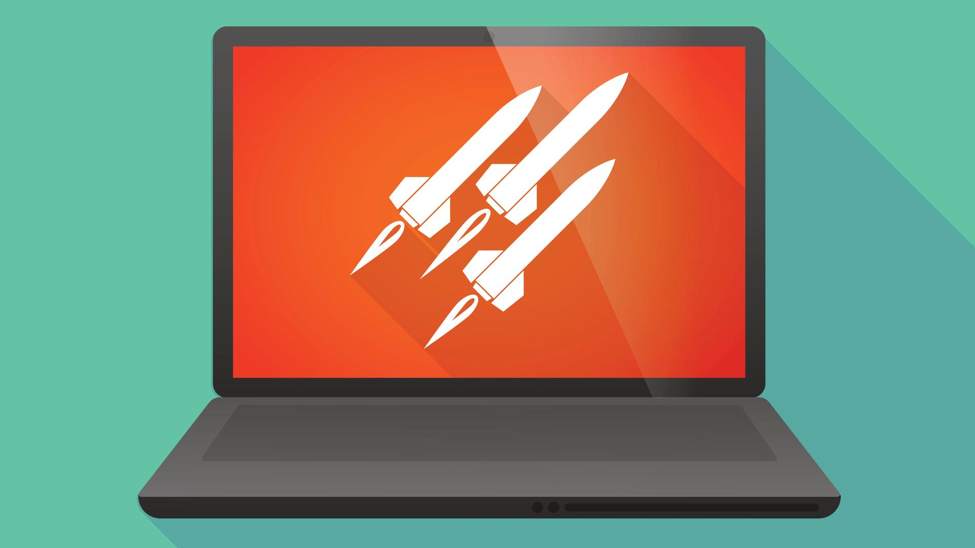 Illustration eines Laptop auf dessen Bildschirm Raketen zu sehen sind Illustration eines Laptop auf dessen Bildschirm Raketen zu sehen sind