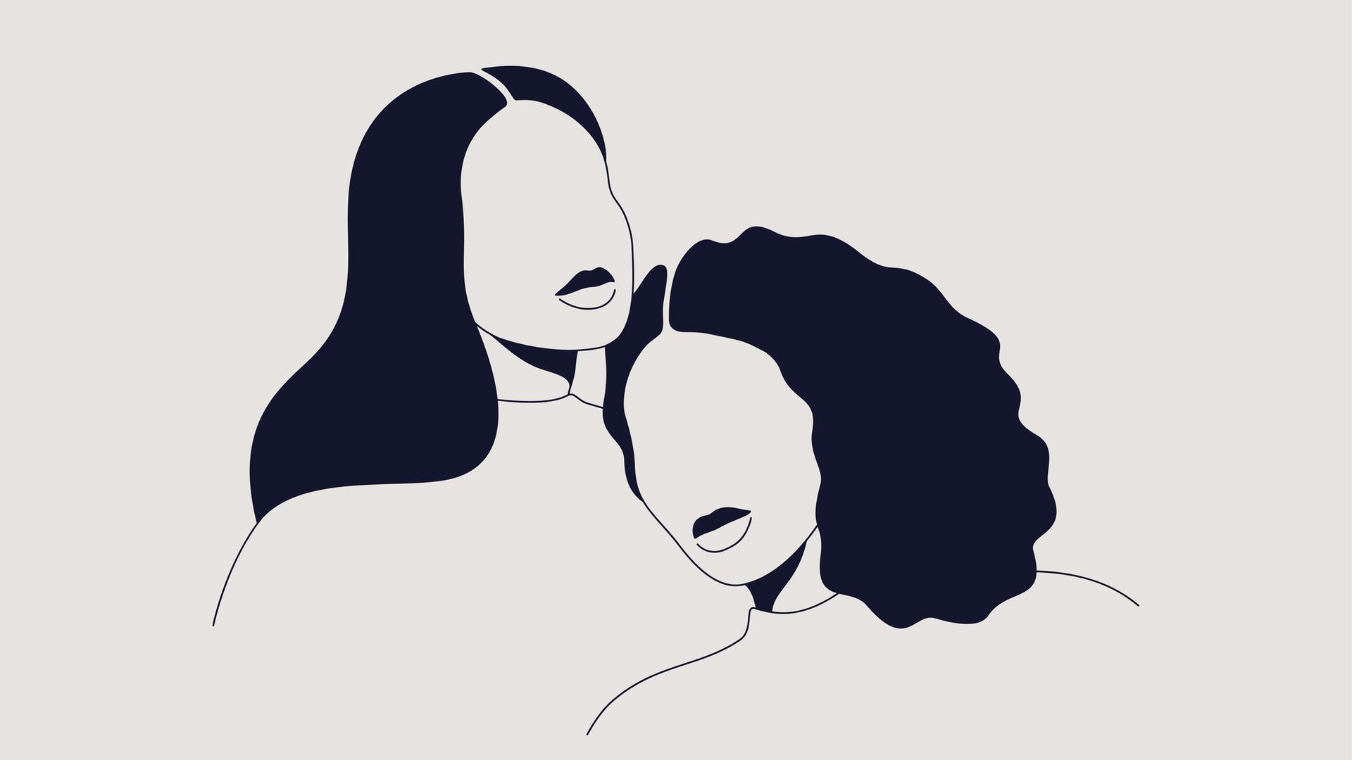 Illustration von zwei Frauen Silhouetten, die sich aneinanderlehnen. Illustration von zwei Frauen Silhouetten, die sich aneinanderlehnen.