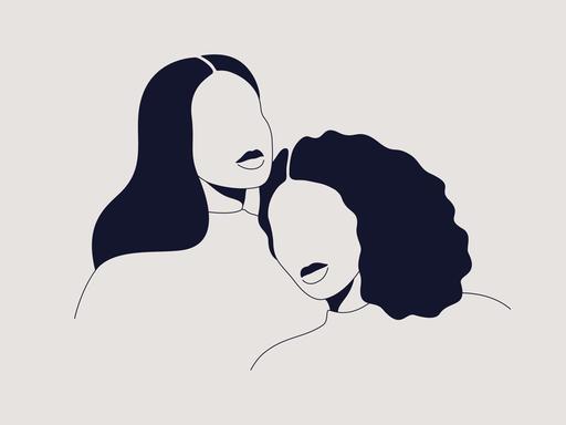 Illustration von zwei Frauen Silhouetten, die sich aneinanderlehnen.